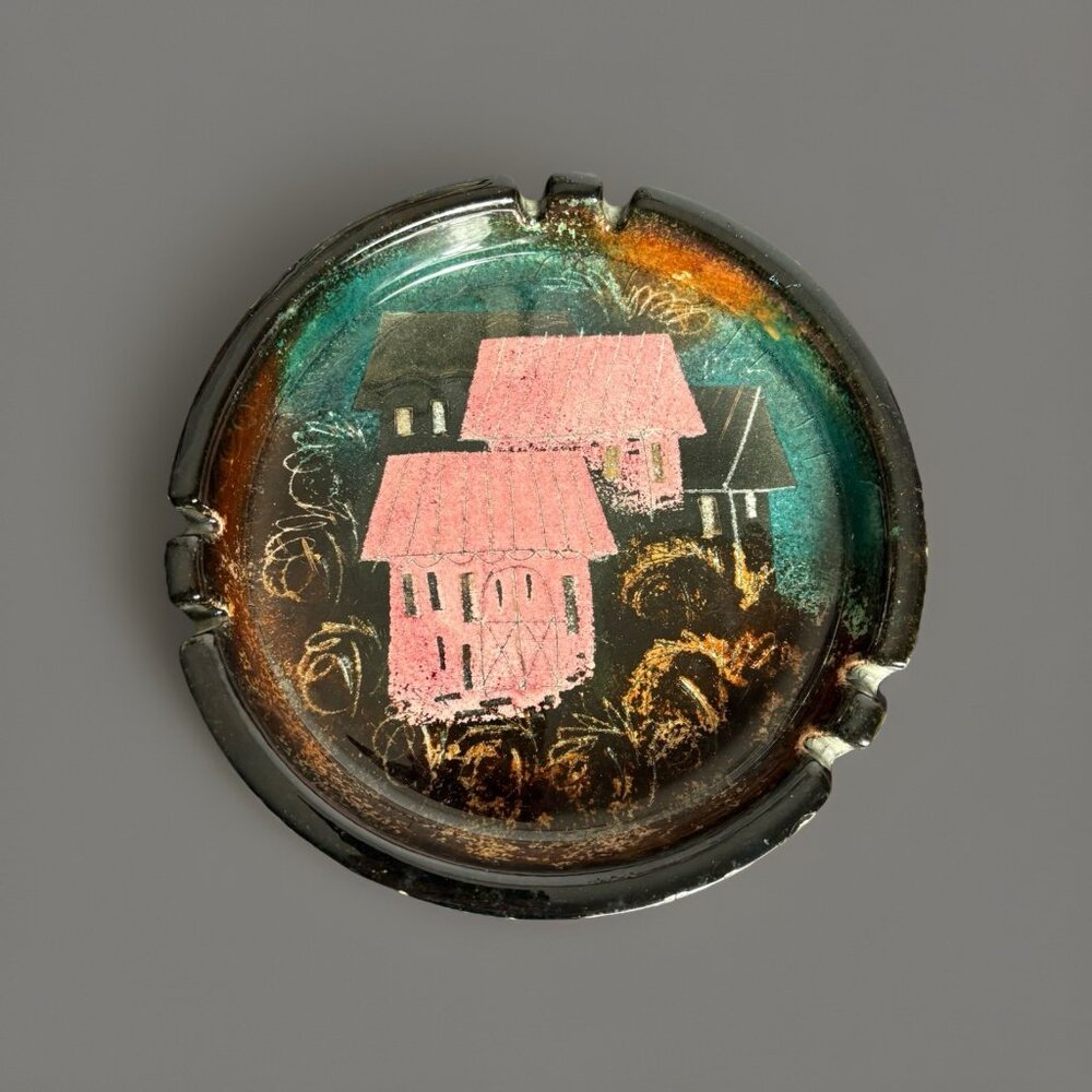 Vintage Mid Century SASCHA BRASTOFF 7" Round Ceramic Ashtray MCM Houses Pottery